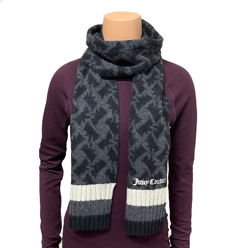 Juicy Couture Scottie Dog Wool Scarf 70” x 7.5” Long Charcoal Gray Ivory Stripe